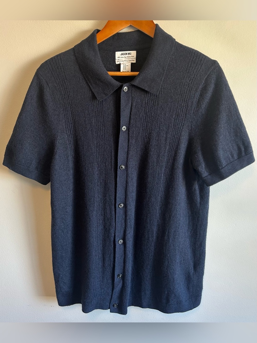 Jason Wu Polo Shirt Navy Blue Mens XL 100% Extra Fine Merino Wool Knit Button Up